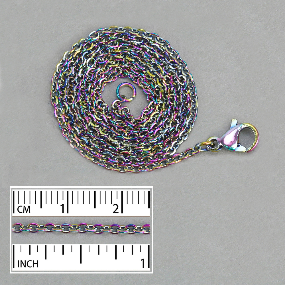 Chain & Clasps Stainless Steel, Rainbow Color 2mm Flat Cable Chain, 18", Pack of 2